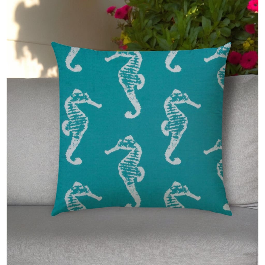 20" Turquoise and White Seahorse Coastal Indoor Outdoor Throw Pillow Cover - 20" X 20"