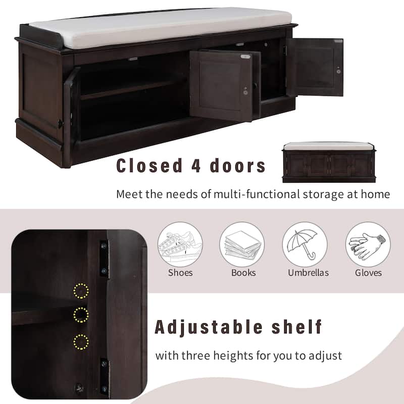 Entryway Storage Bench with 4 Doors and Adjustable Shelves, Shoe Bench Shoe Cabinet Storage Ottoman with Removable Seat Cushion