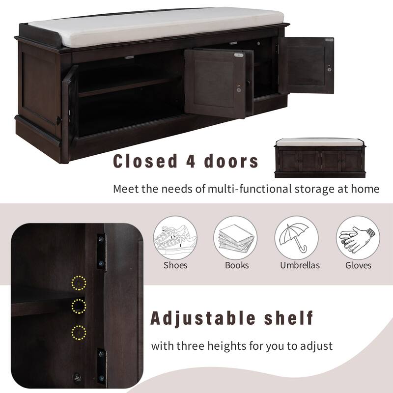 Storage Shoes Bench with 4 Doors and Adjustable Shelves, Removable Cushion