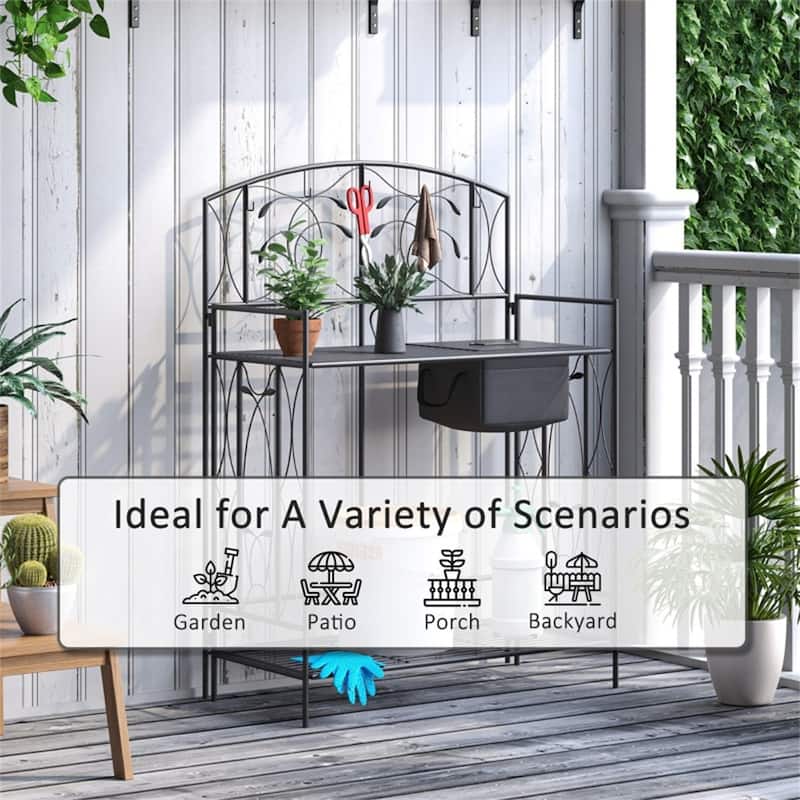 Folding Garden Potting Bench with Shelves, Hooks & Workstation - 33.5" L x 17" W x 47.25" H