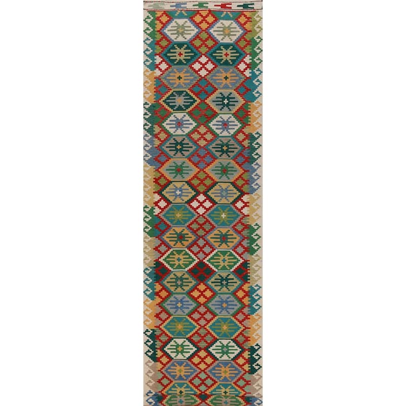 Multicolored Kilim Runner Rug Hand-Woven Geometric Wool Carpet - 2'10" x 16'0"