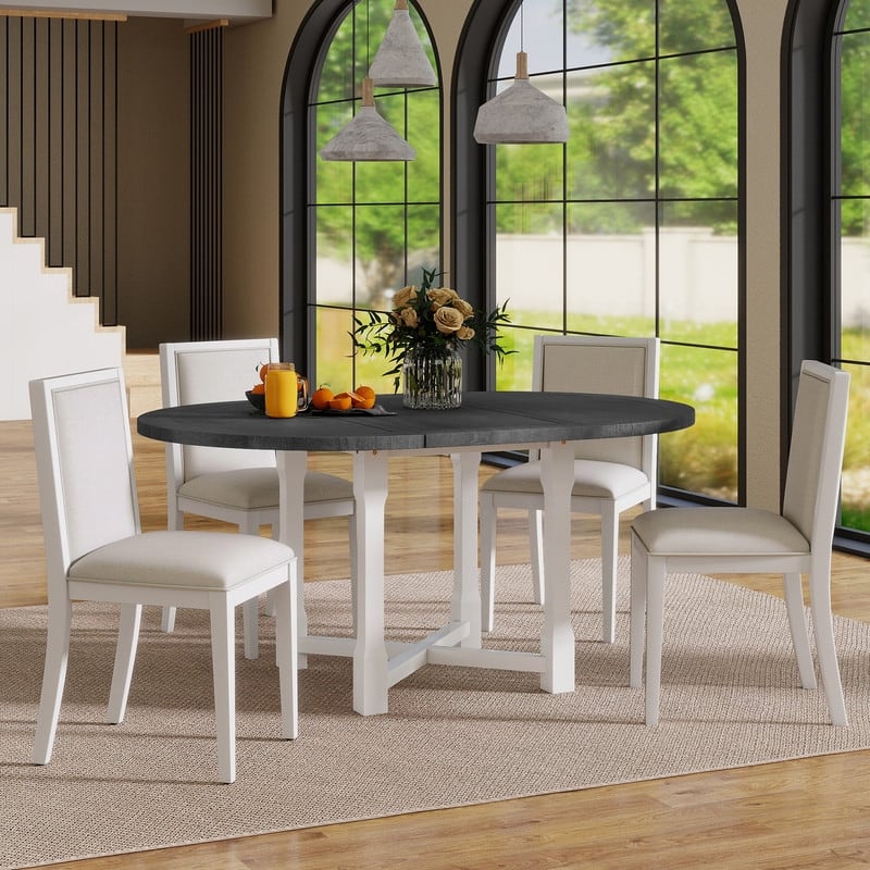 5-Piece Farmhouse Round Dining Set with Removable Leaf and Padded Chairs