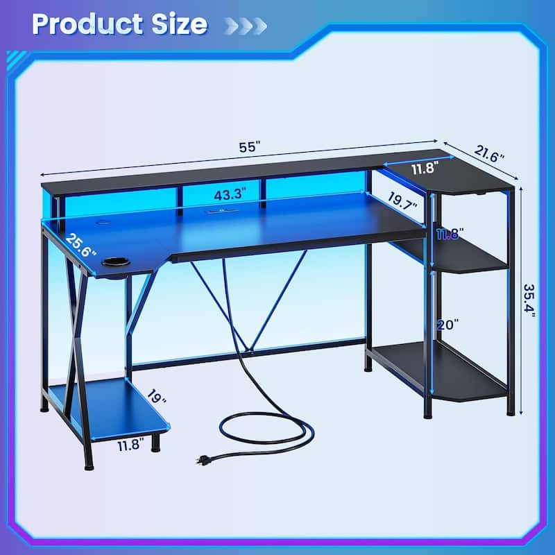 PC Gaming Desk Power Outlets Computer Desk LED Lights Storage Shelves