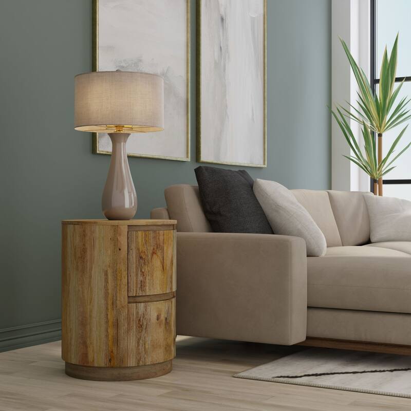 Rustic Style 2-Drawer Round Mango Wood Nightstand - 24"