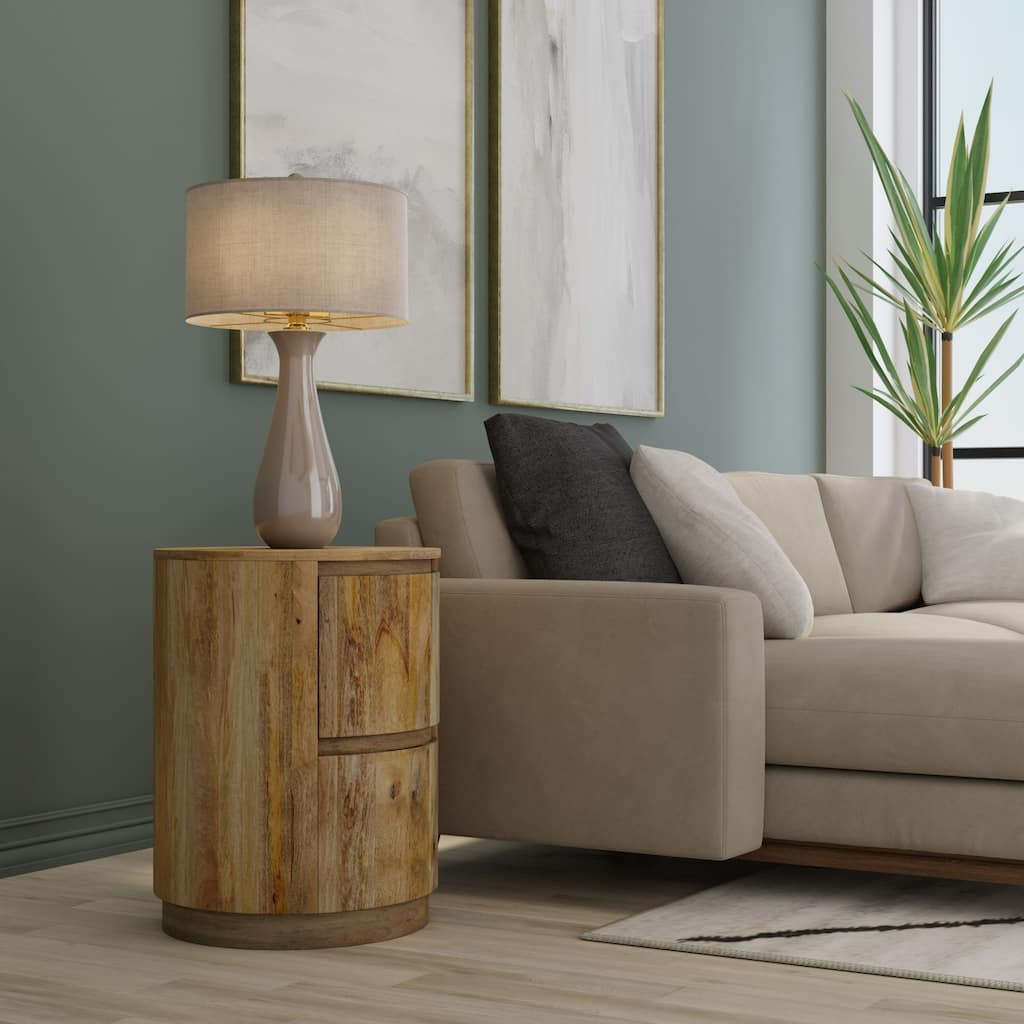 Rustic Style 2-Drawer Round Mango Wood Nightstand - 24"