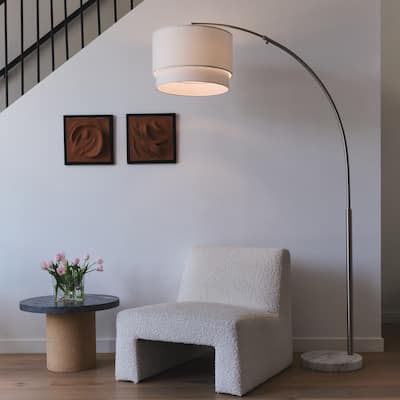 Brightech Mason 81 in. Brushed Nickel Modern Adjustable and Extendable LED Floor Lamp with White Fabric Drum Shade