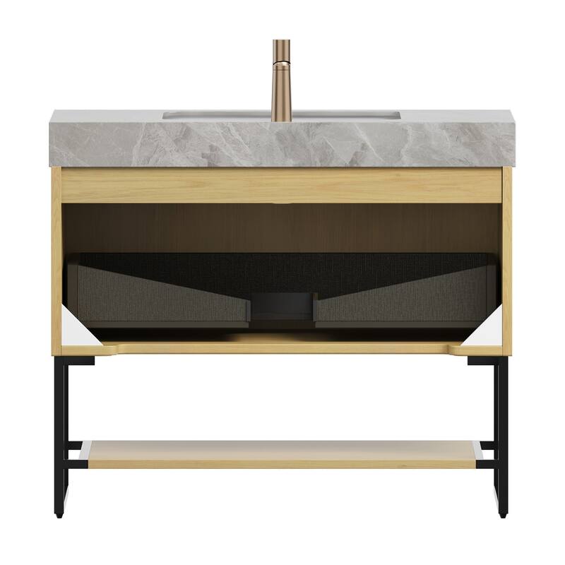 GDFStudio - Yolan 36" Freestanding Bathroom Vanity with Striped Drawer, Open Shelf & Undermount Ceramic Basin, WITHOUT Faucet