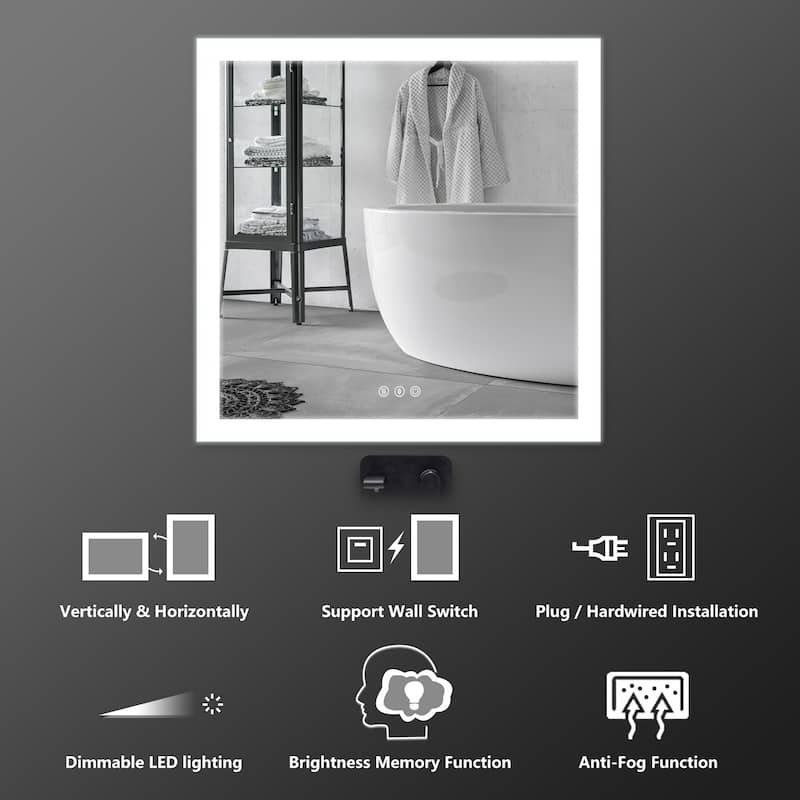 LED Bathroom Vanity Mirror Wall Mounted Dimmable Anti-Fog Mirror with 3 Buttons Vertical & Horizontal Hang