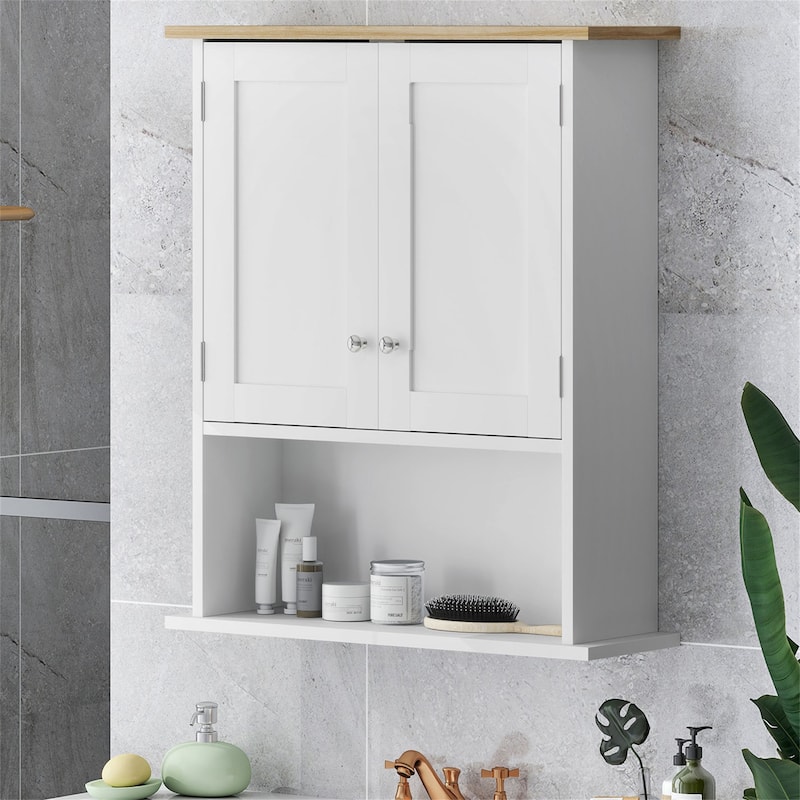 Wood Bathroom Wall Cabinet with 2 Doors and Adjustable Shelf