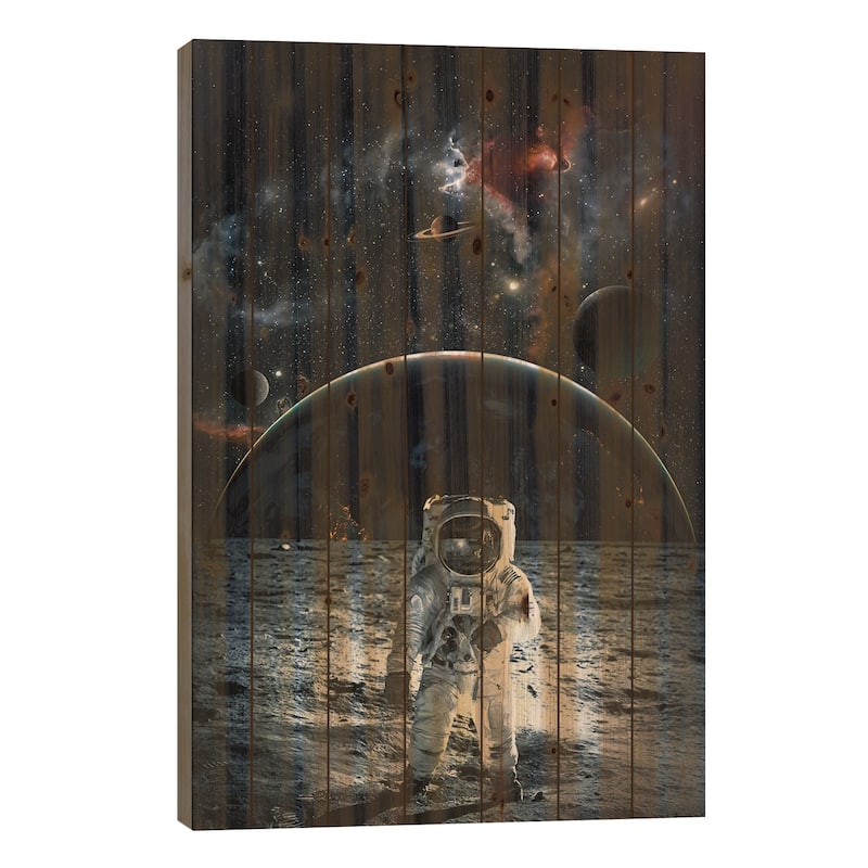 Astronaut On Grey Moon Print On Wood by GEN Z - Multi-Color - 40x26x1.5