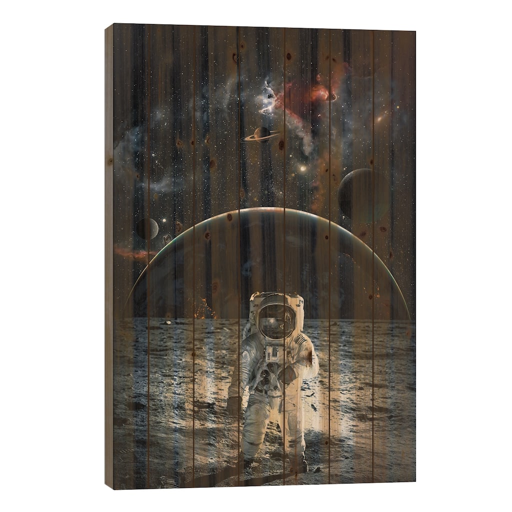 Astronaut On Grey Moon Print On Wood by GEN Z - Multi-Color
