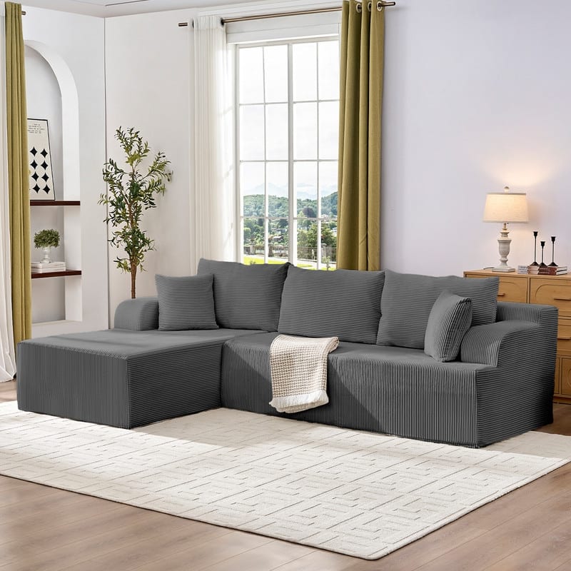 Mixoy 2-Pcs Free Combination Modular Sectional Sofas with Deep Seat,Corduroy L-Shaped Sofa with Chaise Lounge - 3-Seater