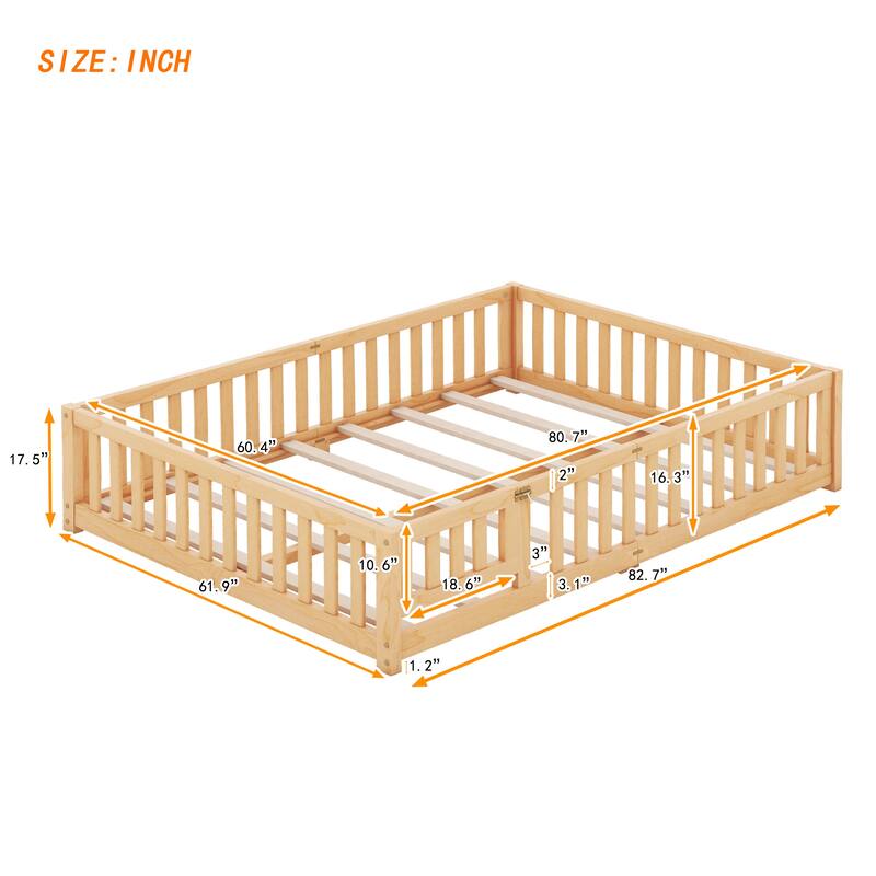 Twin/Full/Queen Size Floor Bed w/Door & Fence,Montessori Floor Bed for Kids,Solid Wood Twin/Full/Queen Bed Frame for Girls Boys