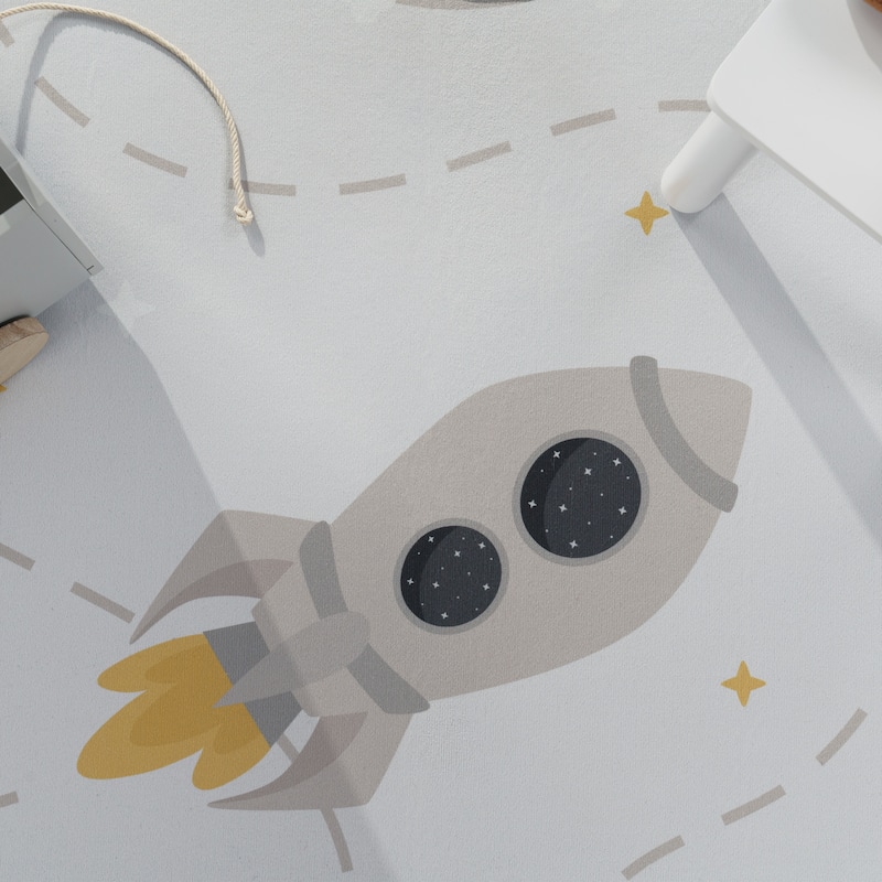 Space Kids Rug Non-Slip Play Mat with Rockets and Planets