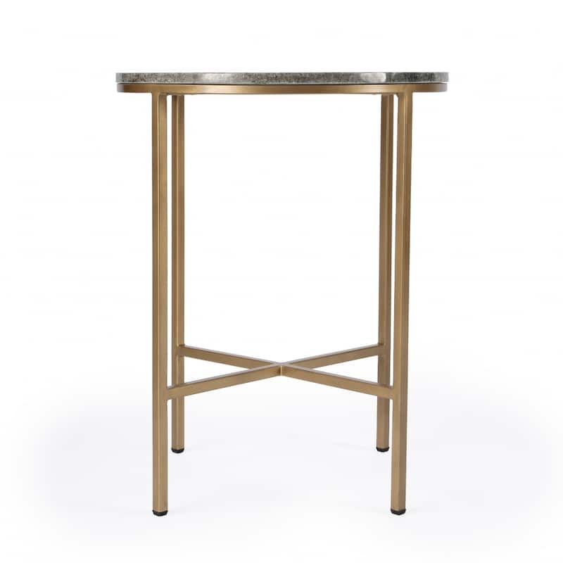23" Round Grey Marble Top and Brass End Table with Distressed Finish and Iron Frame for Bedroom - 22.75"H x 18.25"W x 18.25"L