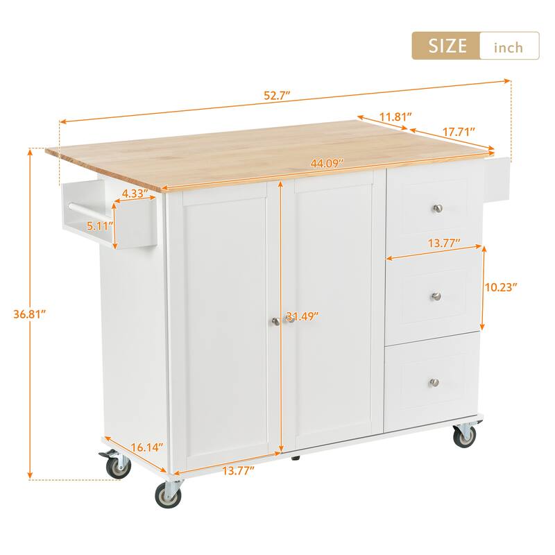 52.7" Rolling Kitchen Island with Solid Wood Top, Drop Leaf Breakfast Bar, Storage Cabinet, Wheels