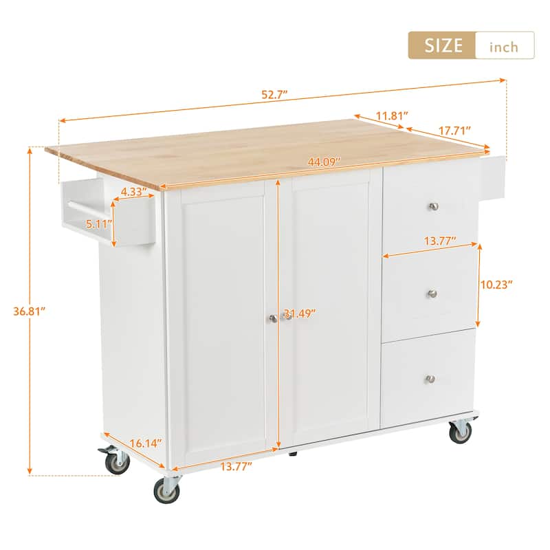 Rolling Mobile Kitchen Island with Drop Leaf - Solid Wood Top, Locking Wheels & Storage Cabinet 52.7 Inch Width