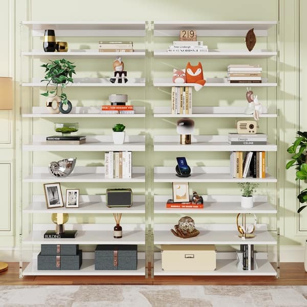 slide 2 of 7, 8-Tier Acrylic Bookshelf, Modern Bookcase with Wood Shelves 2PCS