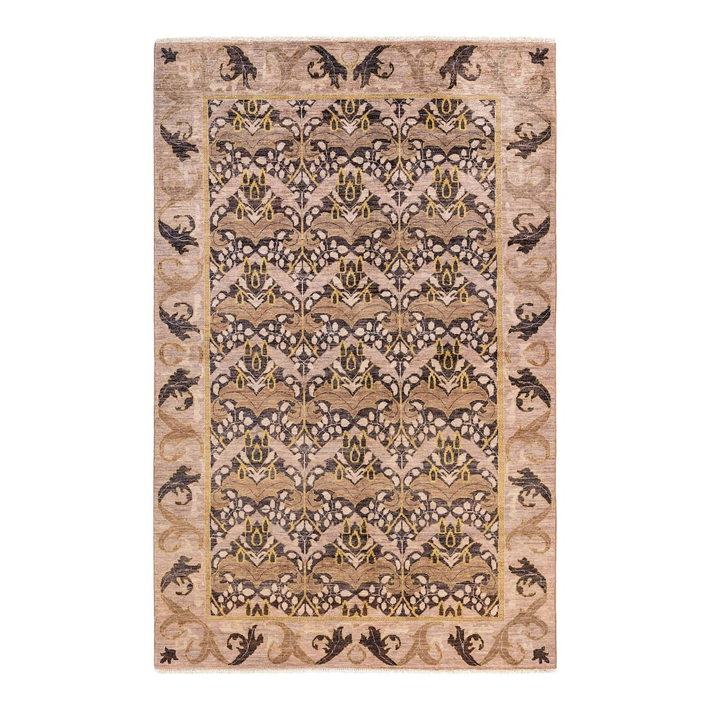 Overton Hand Knotted Wool Vintage Inspired Modern Contemporary Arts & Crafts Beige Area Rug - 5' 10" x 9' 4"