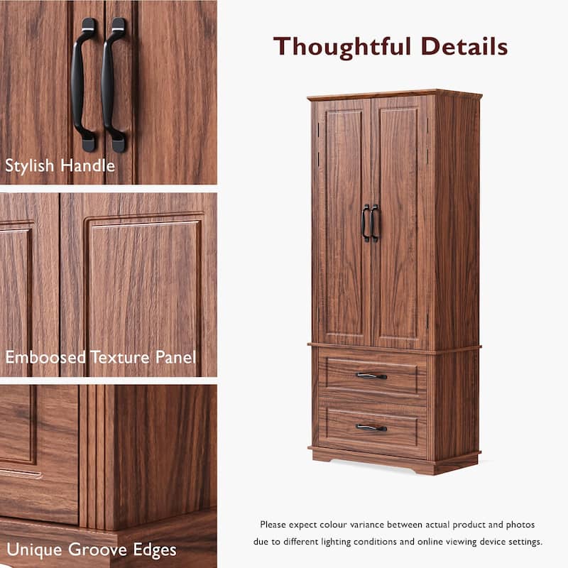 Rustic 71" Kitchen Pantry Cabinet with Embossed Texture, Adjustable Shelves, Drawers, and Door Storage
