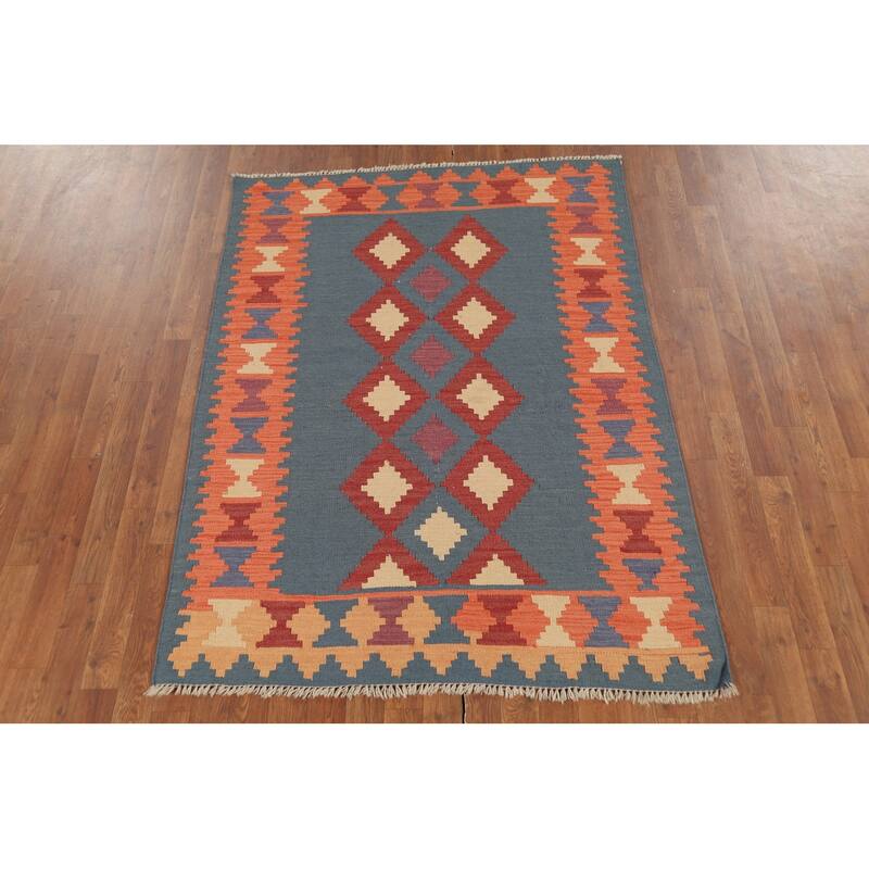 Geometric Blue Flat Weave Kilim Persian Rug Hand-Knotted Wool Carpet - 4'2"x 5'8"