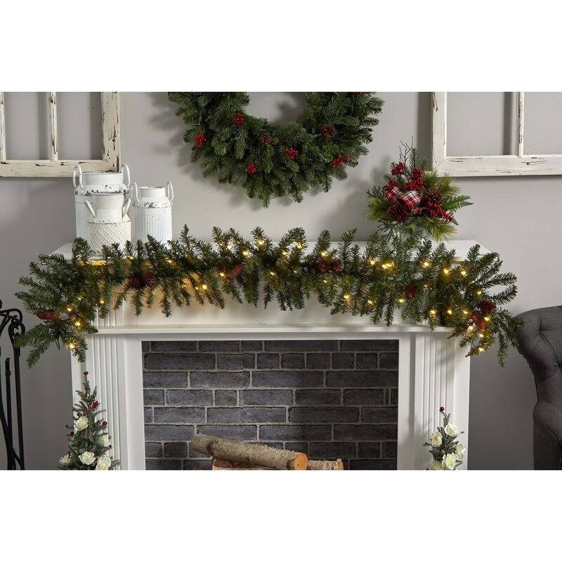 Christmas Garland 6Ft Artificial Pine & Pinecone Decor w/ 50 Warm White Lights - 72