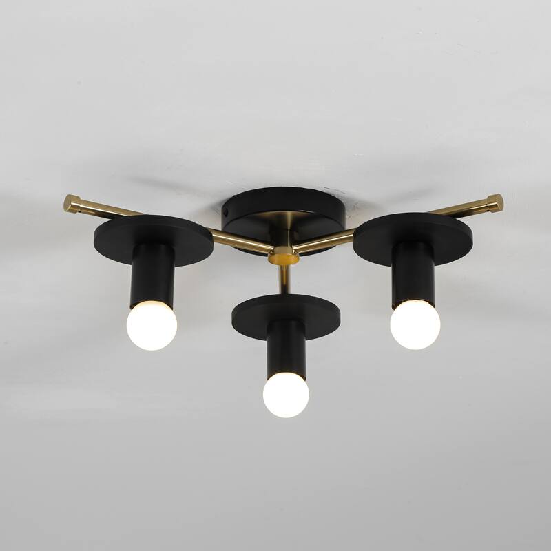 3-Light Modern Green/Black Sputnik Metal Wooden Semi-flush Mount Ceiling Light for Living Room - Black/Gold