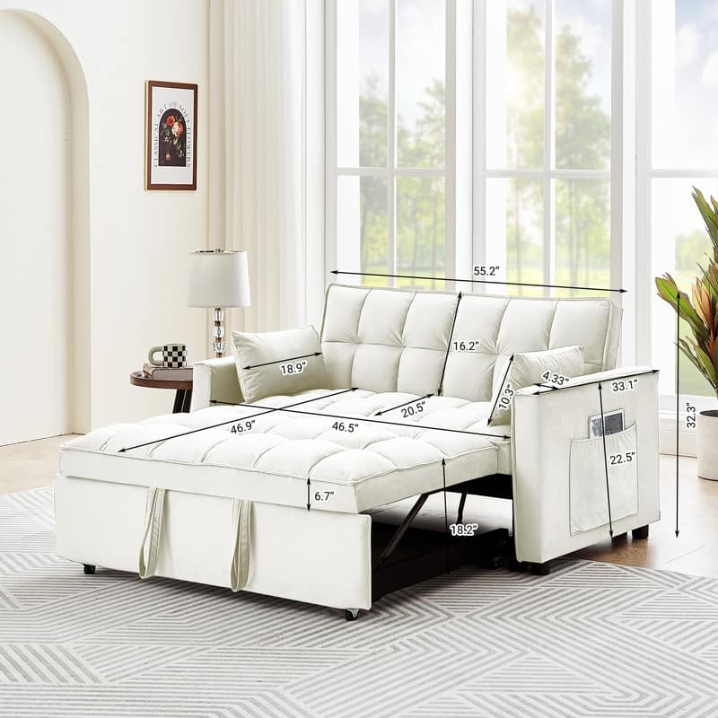 55" Modern Velvet Convertible Sleeper Sofa Bed Couch w/Pull Out Bed,Pillows and Side Pockets