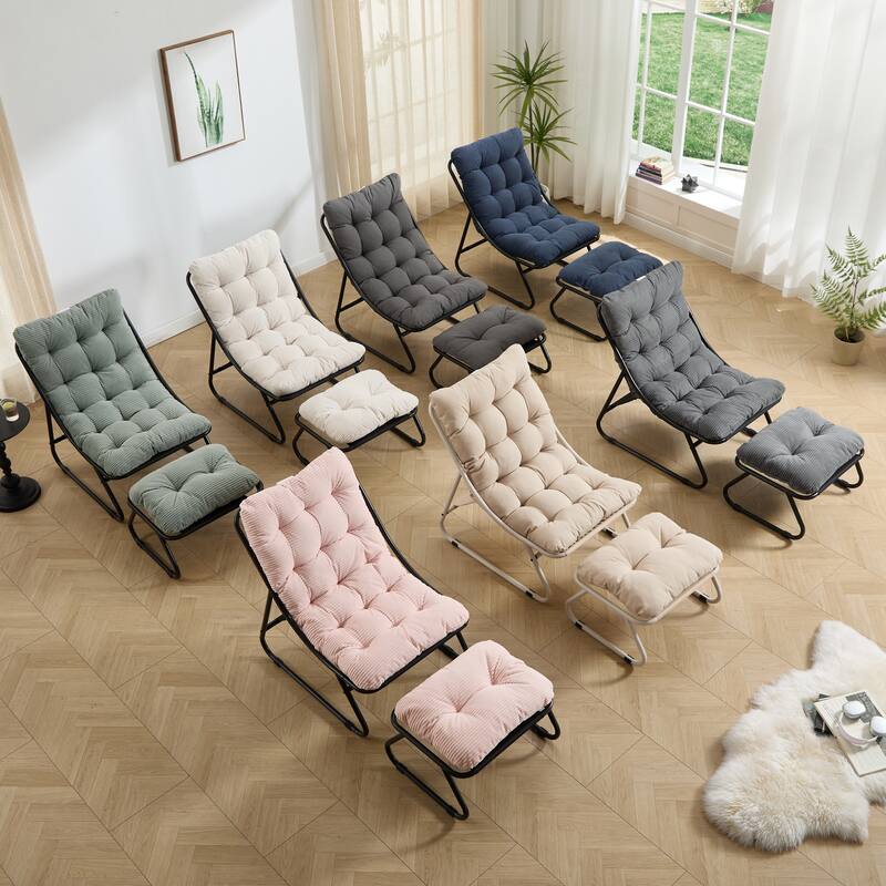 Patio Outdoor Lounge Chair with Ottoman, Comfy Sling Recliner Chair with Puffy Cushion and Foot Stool for Living Room