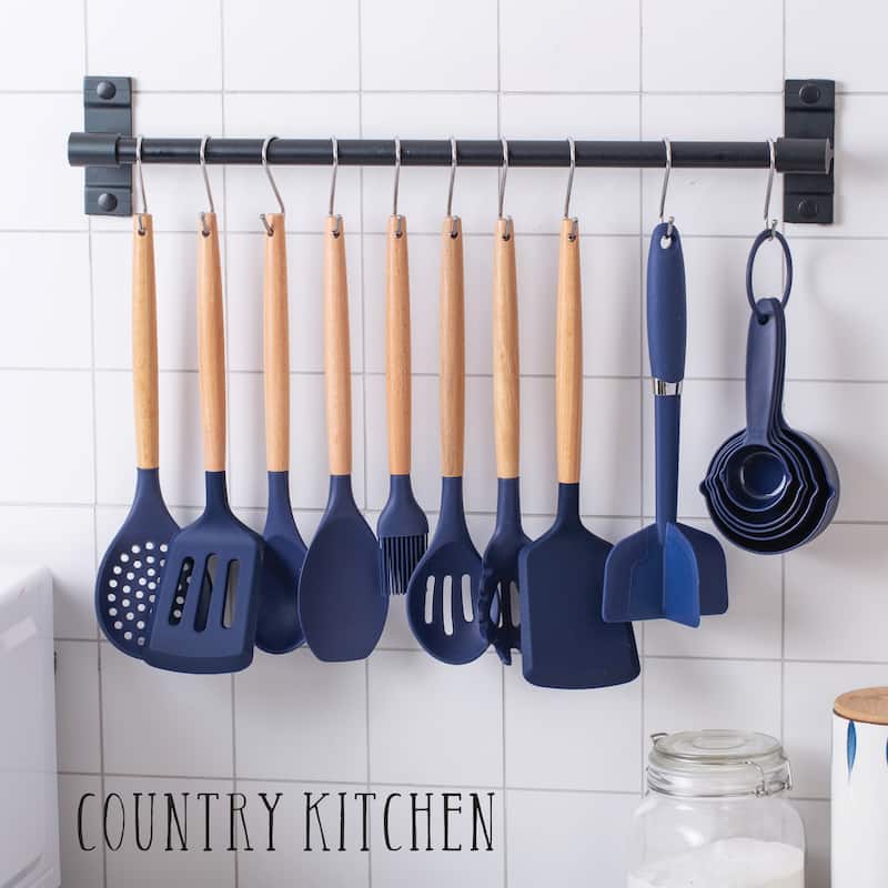 Country Kitchen Non Stick Silicone Utensil Set with Rounded Wood Handles for Cooking and Baking, 38 Piece Set