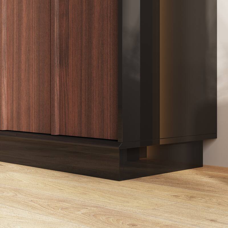 Modern Black High-Gloss Sideboard Buffet Cabinet with Coffee Wood Grain Doors, Sliding Power Outlet & Cable Management Box