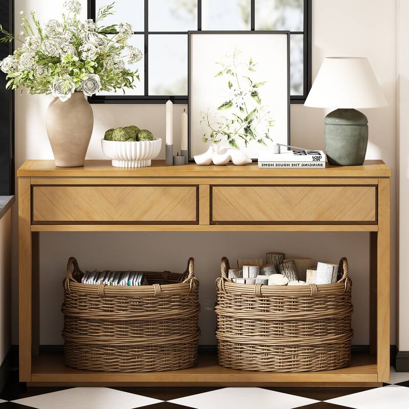 Rustic Wooden Console Table with Drawers and Shelf