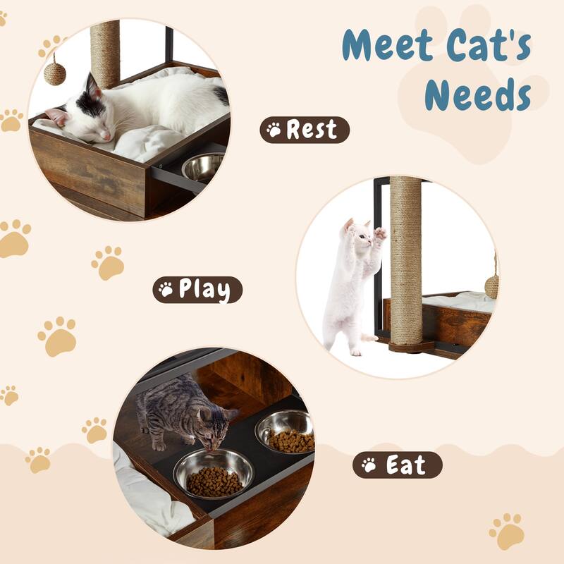 EROMMY Cat Coffee Table: Stylish End Table with Scratching Post, Feeding Station, and Cat Condos for Living Room