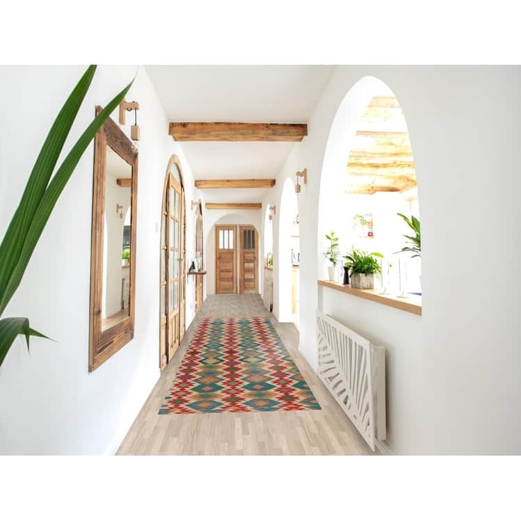 Hand Woven Oriental 100% Wool Carpet Southwestern Geometric Beige & Ivories Kilim Runner Rug - 12' 9'' X 3' 0''