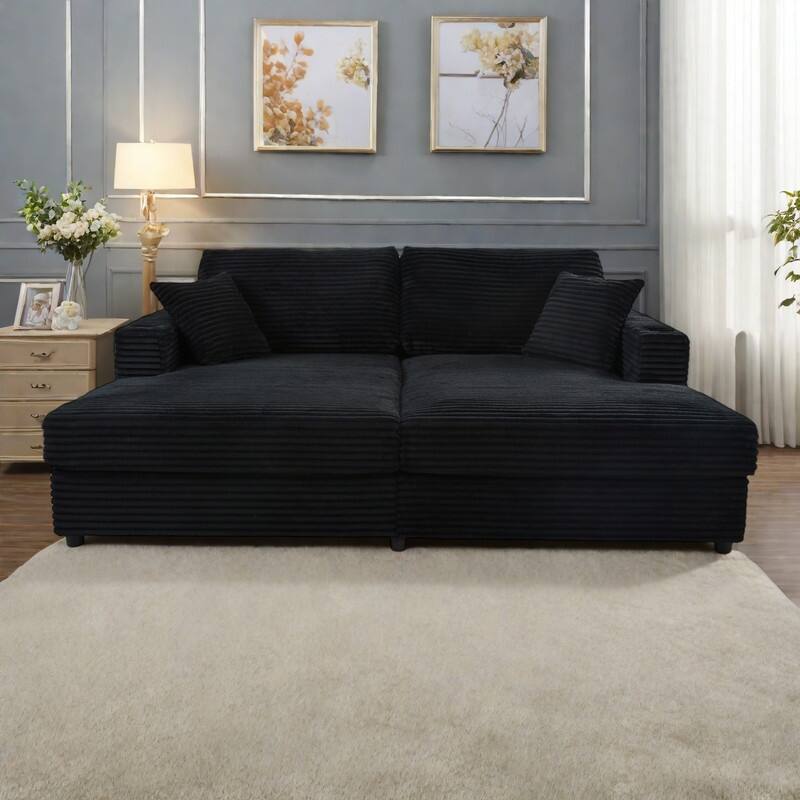 86.5" Corduroy Chaise Lounge Sofa with 2 USB Ports, Cup Holders, and 550lb Capacity - Black