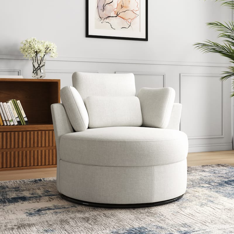 Upholstered Barrel Swivel Accent Chairs - 1-Piece - Beige Chenille