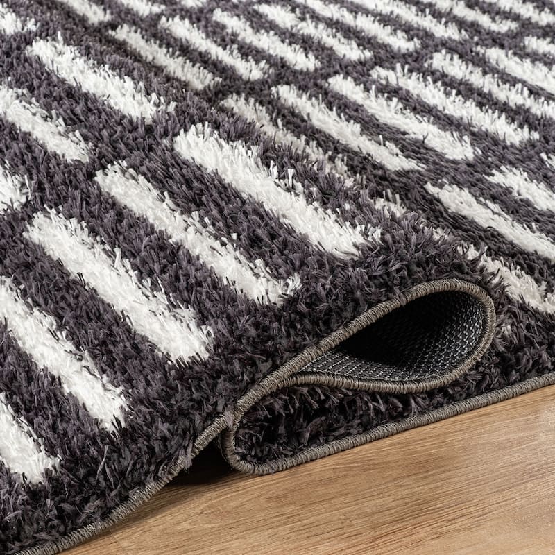 Bohemian Stripe Lines Shag Rug - Textured Surface - Anthracite Dark Gray - Easy to Clean