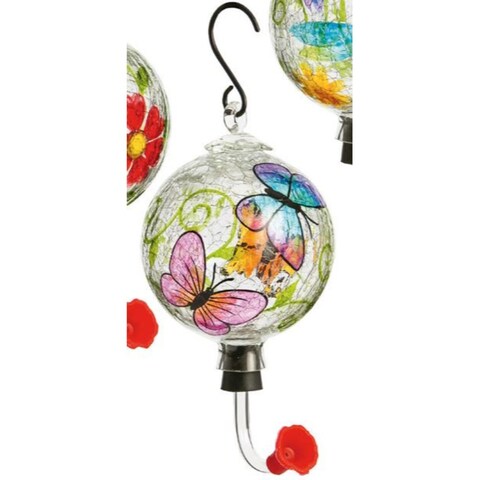 Painted Glass Hummingbird Feeder with Crackle Effect, Butterfly