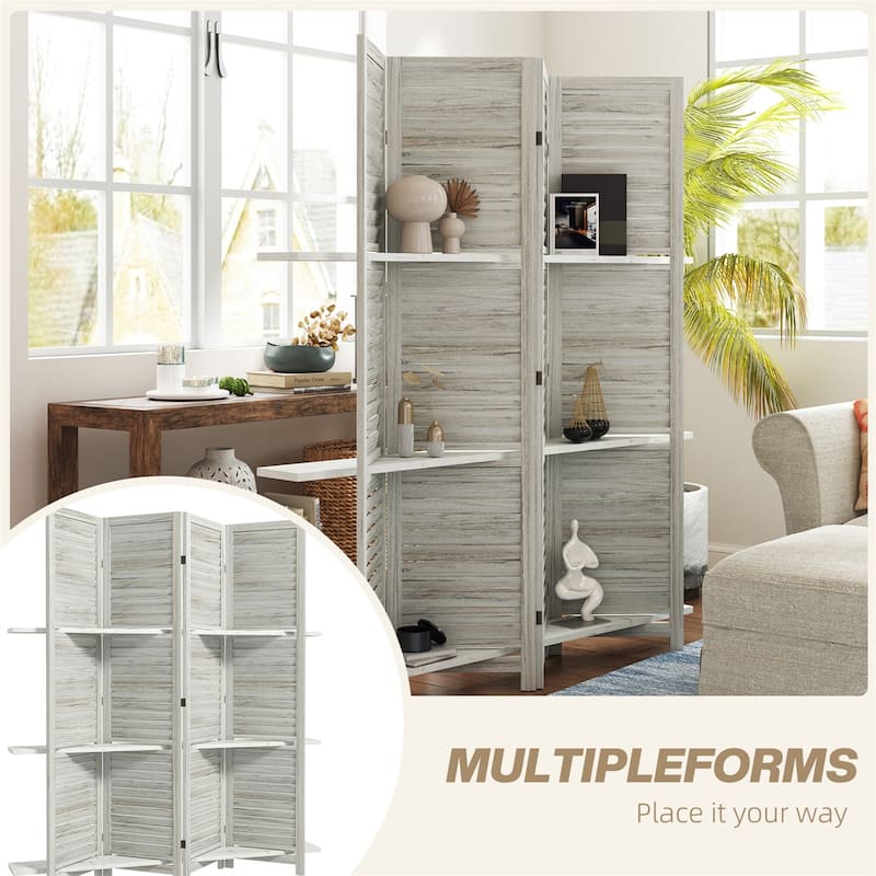 78.75" Wide 5-Panel Foldable Paulownia Wood Room Divider Screen with Built-In Shelves - 78.75" L x 67" H x 0.75" T