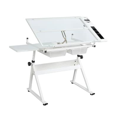 Adjustable Tempered Glass Drafting Printing Table Desk with Chair