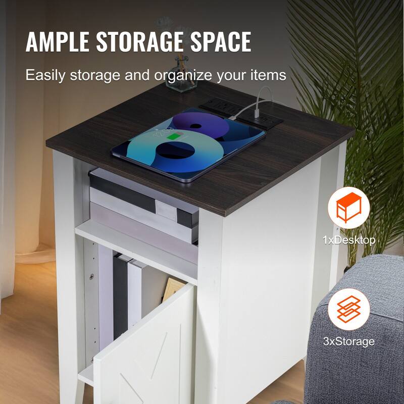 White Wood Farmhouse End Table Set od 2 with Sliding Doors and Charging Station - 24.06” L x 15.98” W x 15.98” H