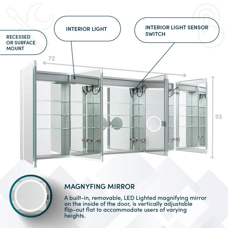 AQUADOM Edge Royale Bathroom Led Lighted Medicine Cabinet Defogger, 3X LED Adjustable Magnifying Mirror, Electrical Outlets.