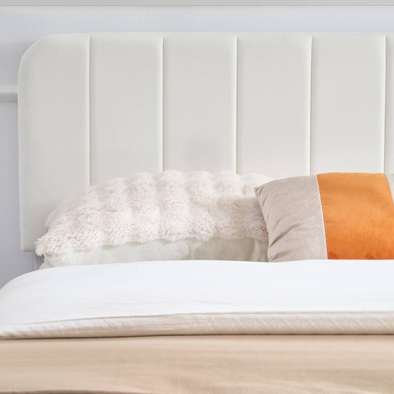 White Upholstered Platform Bed Frame with 4 Storage Drawers, Adjustable Velvet Rivets Headboard