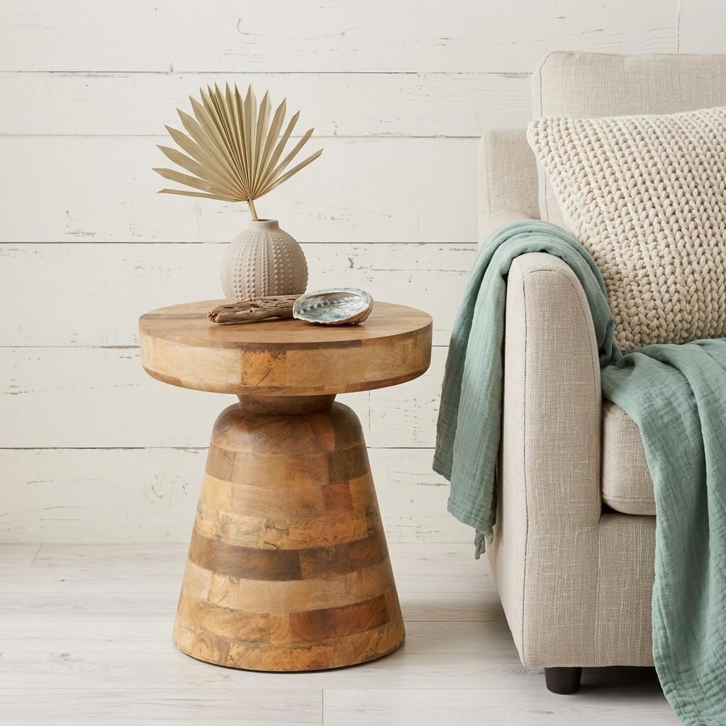 HomeRoots 18" Natural Solid Wood Round Pedestal End Table - 16.00 in. x 18.00 in. x 16.00 in.
