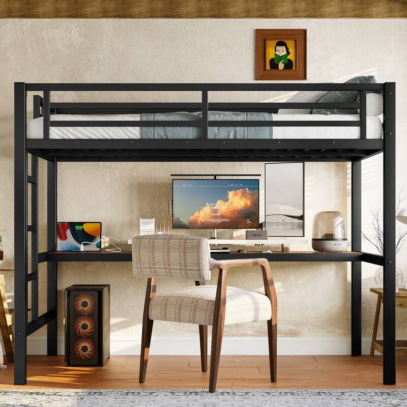 Roomfitters Twin Metal Loft Bed with Desk, Gaming High Sleeper with LED Lights and Power Outlet, Black