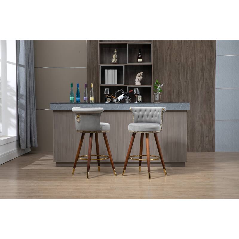 Counter Height Bar Stools Set of 2, Kitchen Bar Stools with Solid Wood Legs, Upholstered Dining Room Chairs with Footrest