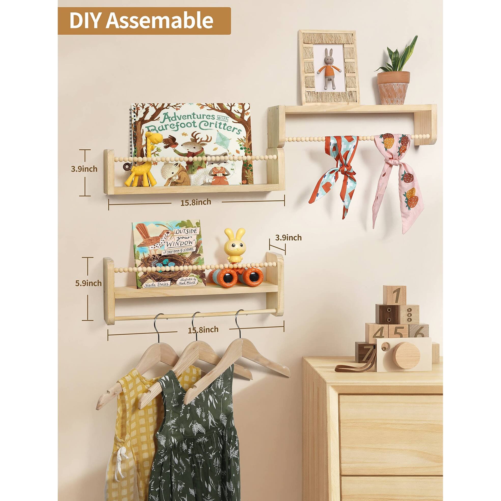 Nursery Floating Shelves,Set of 3 Book Shelves Natural Wood Wall