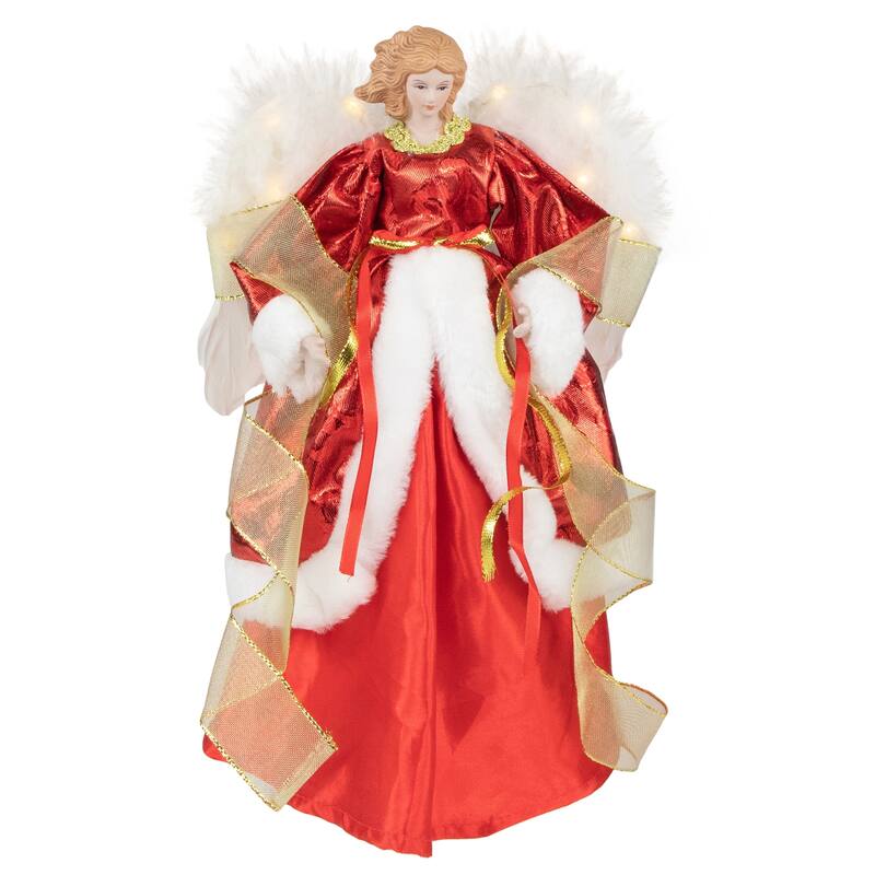 14" Angel with Lighted Wings Christmas Tree Topper - Red and White