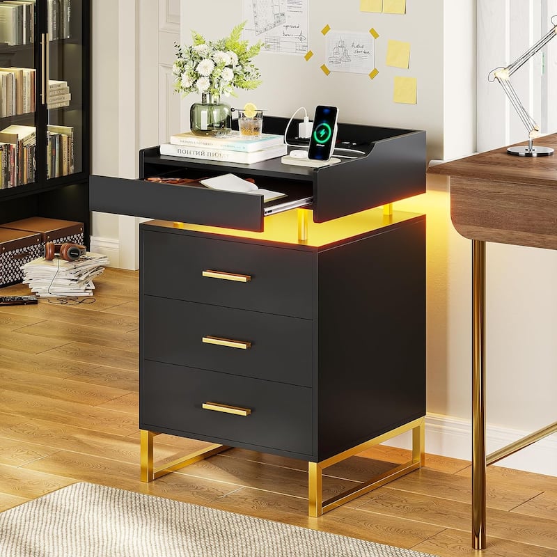 3 Drawers LED Nightstand Charging Station End Table
