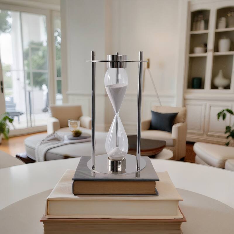 Modern Metal and Glass Hourglass Timer with Frame and Built-In Compass